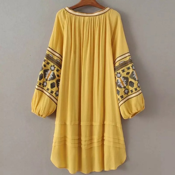 SOLD OUT Yellow Bohemian Embroidered Button Up Tunic Dress - Picture 3 of 6